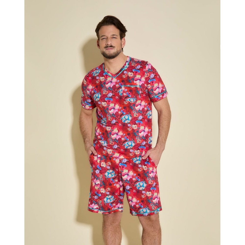 Cosabella Modal Cotton Printed Short Sleeve Top Shorts Longe Set Red Mens S
